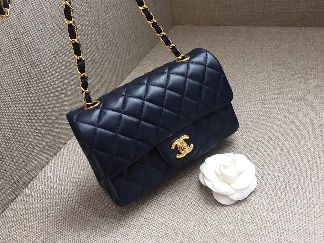 Small Classic Flap Lambskin Bag A01116 Dark Blue/Gold